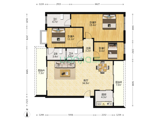 金钟雅居 3室1厅3卫 110平方