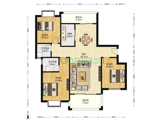 云天小镇 3室1厅2卫 125平方