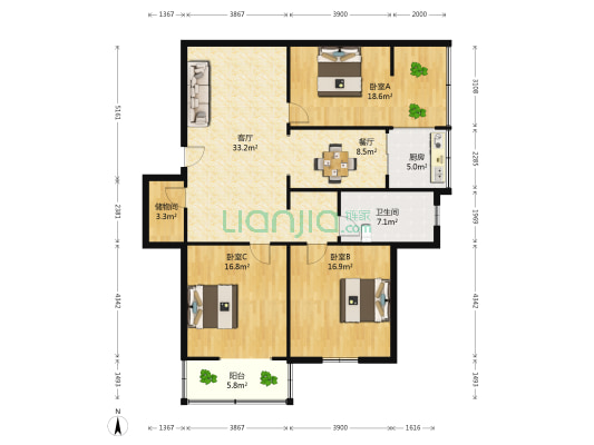 河清70号 3室2厅1卫 130平方