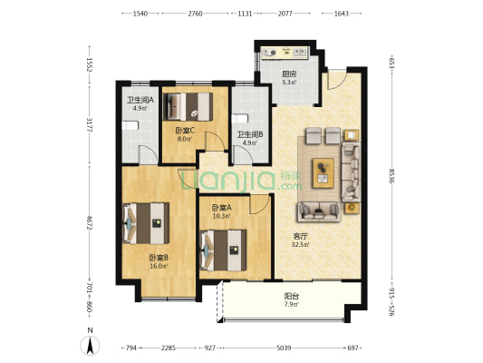 城发恒伟·西宸之光 3室1厅2卫 107平方