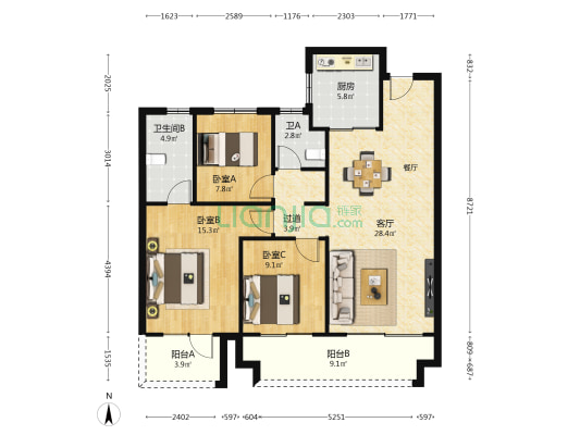 玖峯悦 3室1厅2卫 108平方