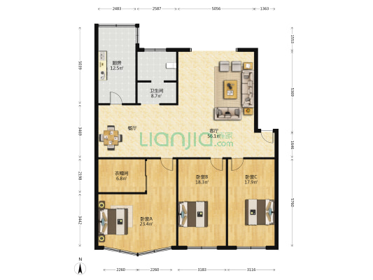河南省直住宅小区 3室1厅1卫 148平方