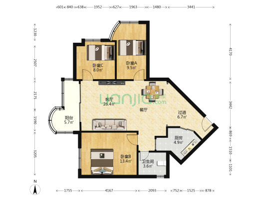 明珠大厦 3室1厅1卫 97平方