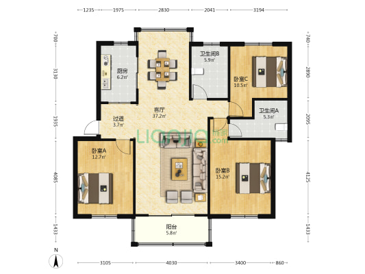 协孚锦园 3室1厅2卫 124平方