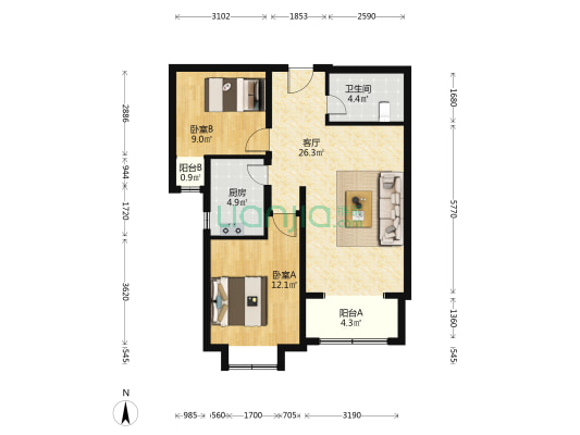 西山湖小区 2室1厅1卫 87平方