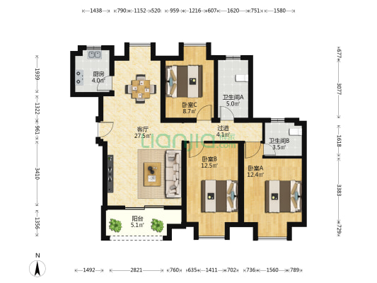 莲花国际C区 3室1厅2卫 116平方