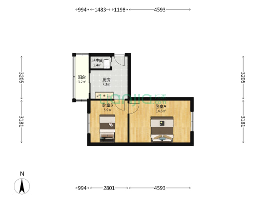 百鸟社区 2室0厅1卫 43平方