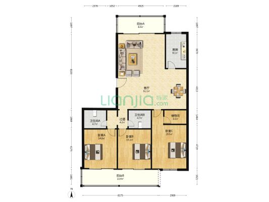 温州大道小区 3室1厅2卫 162平方