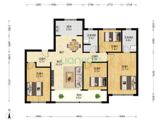 中建大学里 4室1厅2卫 144平方