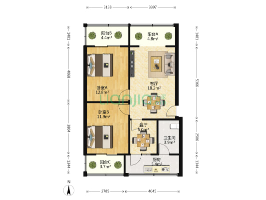 12中街6号 2室2厅1卫 75平方