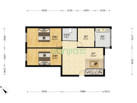 文道雅居 2室2厅1卫 87平方