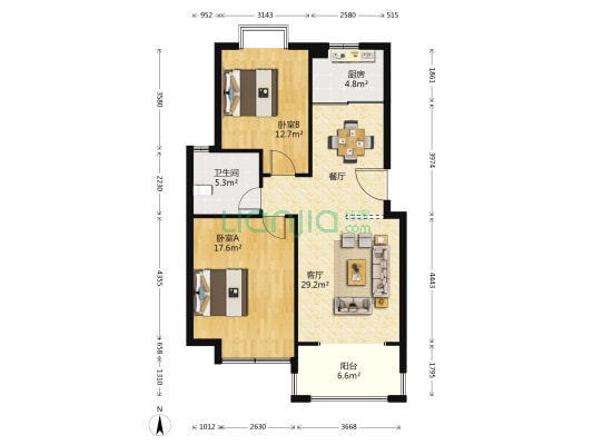 万香国际 2室1厅1卫 98平方