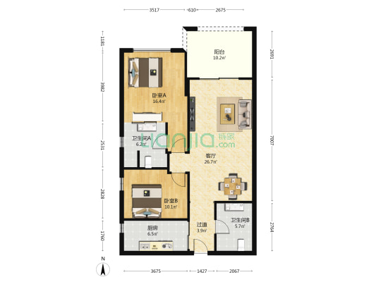 尚海华廷 2室1厅2卫 104平方