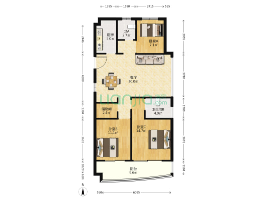 娄韵嘉园 3室1厅2卫 111平方