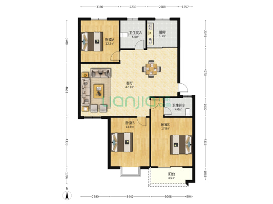 春风公寓北区 3室1厅2卫 126平方