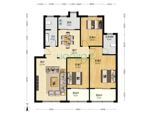 检察院住宅区 3室2厅2卫 116平方