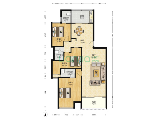 凯德林茵湖畔东区 3室2厅3卫 142平方