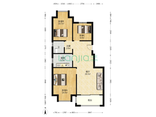云栖墅 3室1厅1卫 92平方