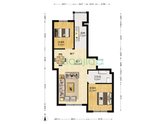 蓉桥一号B区 2室1厅1卫 95平方