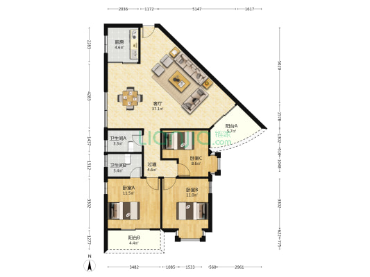 亿星大厦 3室1厅2卫 118平方