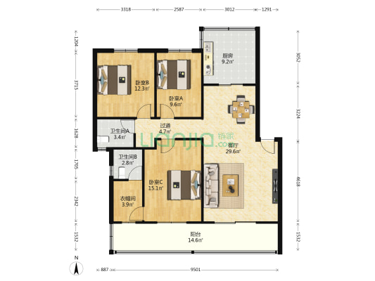 新中苑 3室1厅2卫 114平方