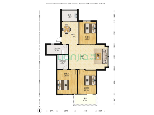 闽源苑小区 3室2厅2卫 120平方
