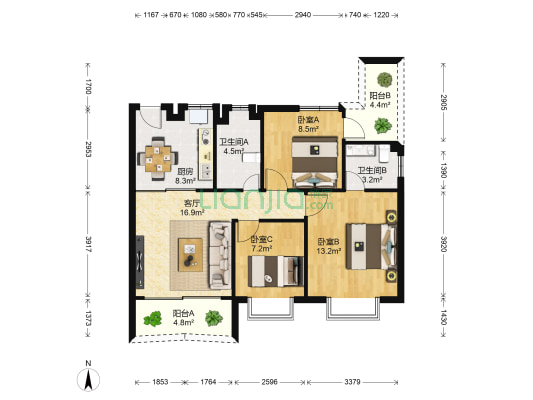 桂馨源花园 3室1厅2卫 89平方