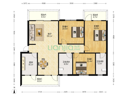 精品广场小区 3室1厅2卫 132平方