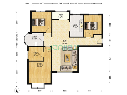 香邑溪谷 3室1厅 南 北-户型图