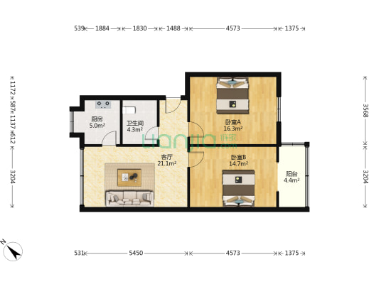 财经职工宿舍 2室1厅1卫 74平方