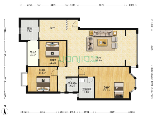花簇锦绣 3室1厅2卫 135平方