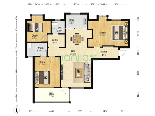 南湖锦园 3室1厅2卫 125平方