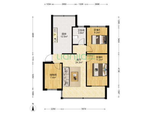 政府小区 2室1厅1卫 88平方