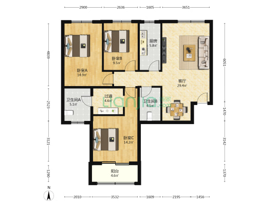 育才路1号院 3室1厅2卫 123平方