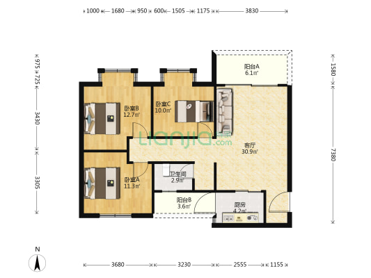 绿景苑 3室1厅1卫 90平方