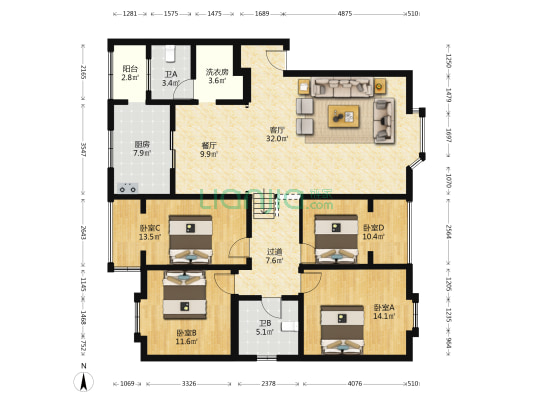 瑞康花园 4室2厅2卫 143平方