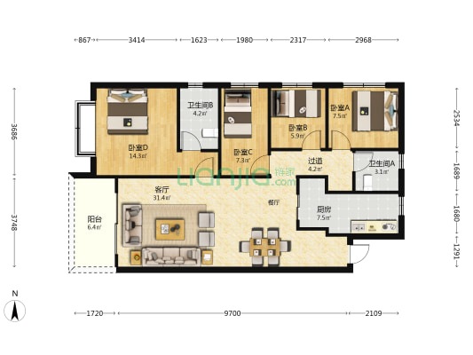 美的云璟 4室1厅2卫 118平方