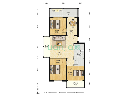 新城小区 3室2厅1卫 114平方