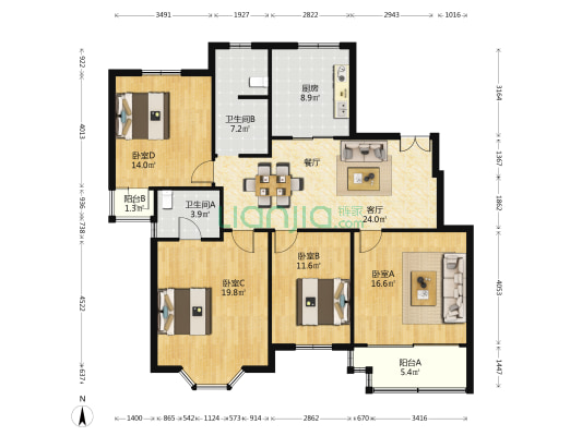 绿柳苑 4室1厅2卫 134平方