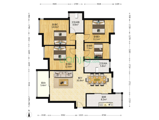 天健壹平方英里 4室1厅2卫 134平方