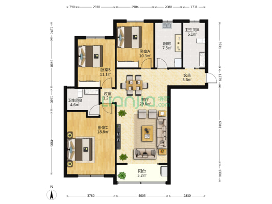 正明家园 3室1厅2卫 128平方