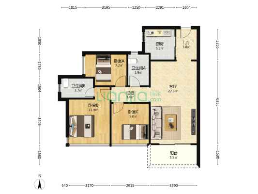 中海寰宇时代花园 3室1厅2卫 89平方