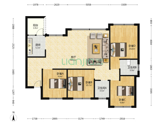 建宏青蓝美筑 4室1厅2卫 112平方