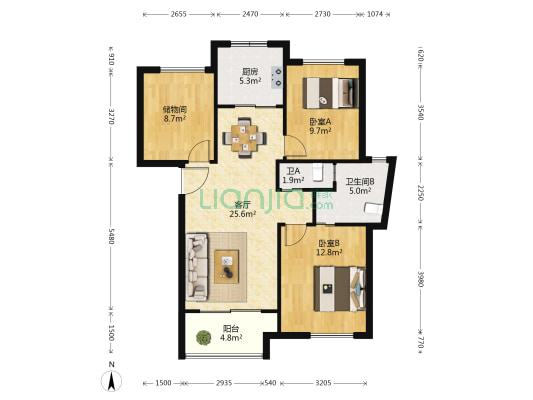 华江景城 2室1厅2卫 98平方