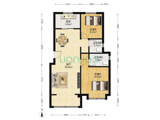 天铂曜园 2室1厅2卫 103平方