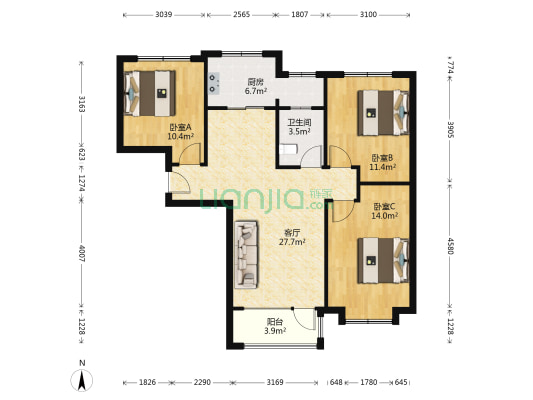 南北三居，拎包入住，业主诚意出售，户型方正-户型图