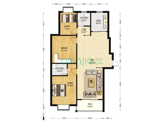 南门花园 2室1厅2卫 134平方