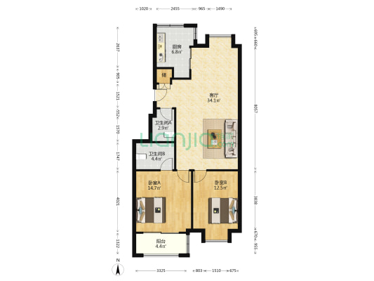 东瑞家园 2室1厅2卫 98平方
