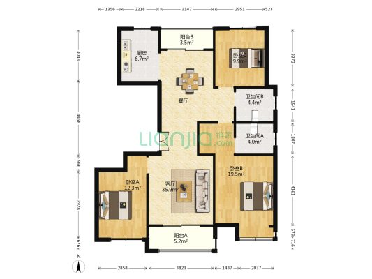 伟业上城2号院 3室1厅2卫 129平方