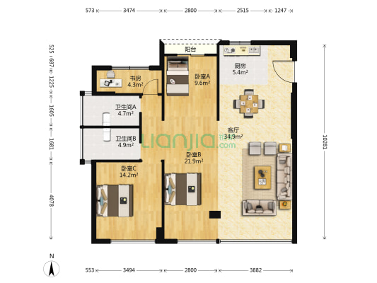 国鸿中央城 4室1厅2卫 124平方
